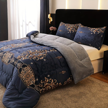 1pc Luxury Fleece Bedspread - Deep Navy Blue & Golden Floral Print, All-Season Soft Warmth