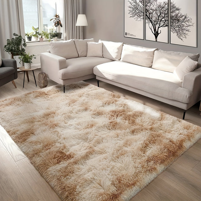 1pc of Tie-Dye Khaki Long Plush Carpet, Fluffy And Soft Comfortable Floor Rug,