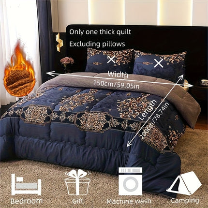 1pc Luxury Fleece Bedspread - Deep Navy Blue & Golden Floral Print, All-Season Soft Warmth