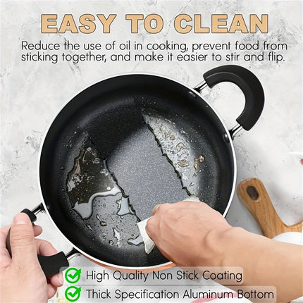 clean orange frying pans, spoons, spatulas, soup spoons, colorful pots and pans set for home 10 piece