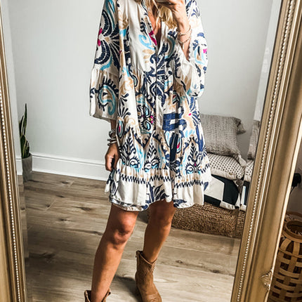 White Printed Tribal Bracelet Sleeve Buttoned Mini Dress
