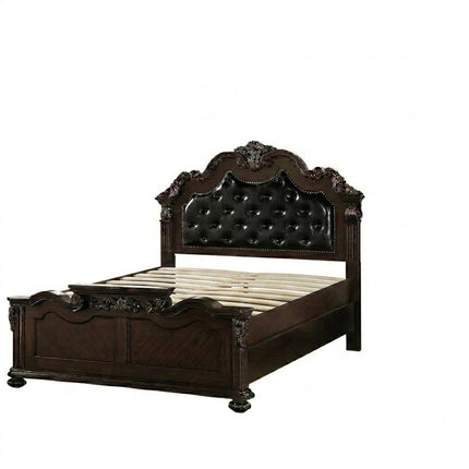 Traditional Antique Cherry Eastern King Size Bed with Tufted Faux Leather Headboard and 2x Nightstands 3pc Bedroom Set