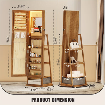 360° Swivel Jewelry Storage With Full-Length Mirror - Standing Lockable Jewelry Armoire Organizer