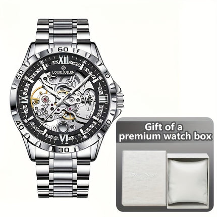 Men'S Automatic Mechanical Watch - Business Style, Hollow Dial, Round Case, Stainless Steel Strap