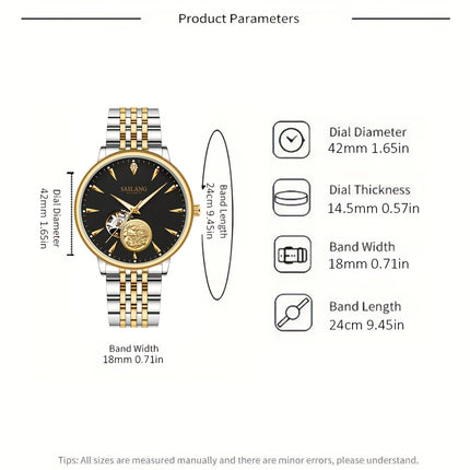 Men's Automatic Mechanical Skeleton Watch with Adjustable Metal Band, Black Dial & Golden Accents