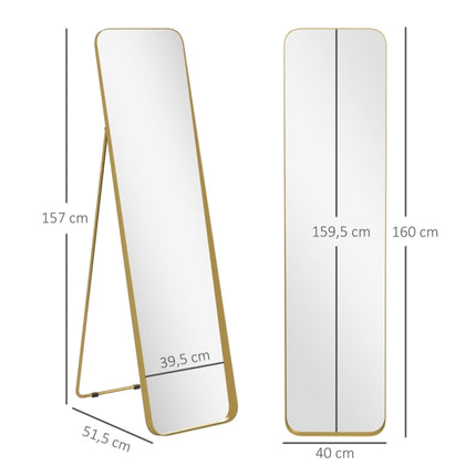 Full length mirror 160x40cm, beautiful bathroom mirror in gold, tapered standing mirror
