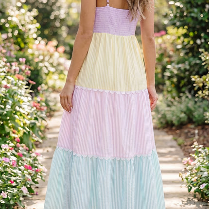 Multicolour Striped Colorblock Adjustable Strap Scalloped Detail Long Dress