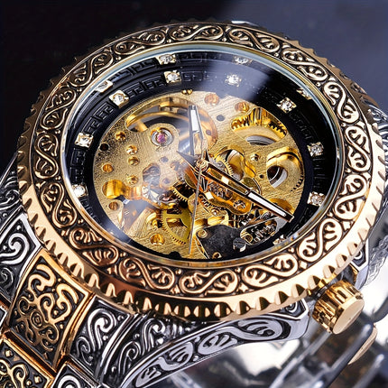 Men'S Vintage Mechanical Watch Luxury Hollow Case with Golden-Tone Dial, Mechanical Movement