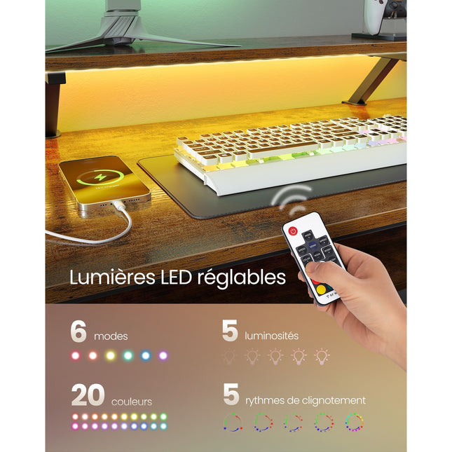 Shaped Desk with Power Strip, Corner Desk, Computer Desk with Screen Riser, Gaming Desk with LED,