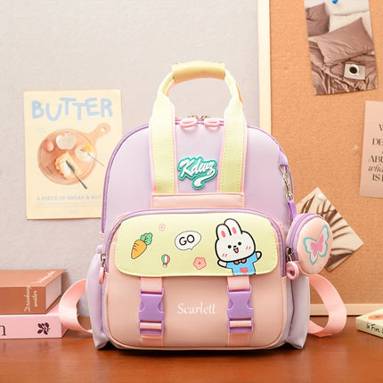 Customizable name, cute cartoon bunny/ astronaut design backpack with detachable small wallet
