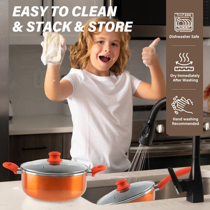Pot Set Orange  Pots and Pans Set Ultra Nonstick  with Ceramic Coating  Gas/Induction Compatible
