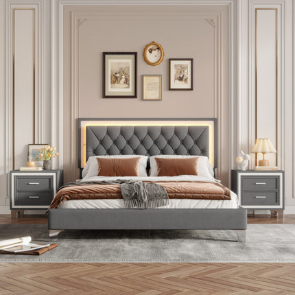 3-Pieces Bedroom Sets,Queen Size Upholstered Platform Bed with LED Lights and Two Nightstands-Gray