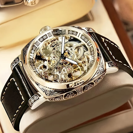 1pc Teen Men'S Yellow Black PU Belt Retro Style Noble Carved Hollow Tourbillon Mechanical Watch,