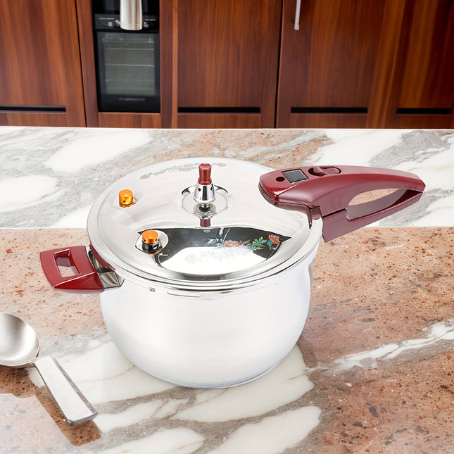 Large Capacity Stainless Steel Pressure Cooker with Red Handles - Quick-Lock, Energy-Saving