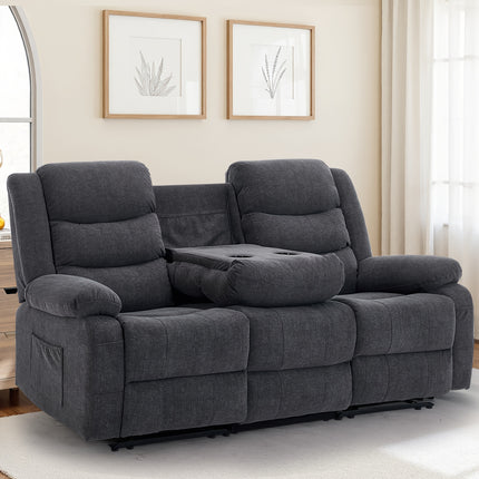 Modern Living Room Furniture - 3-Seater Reclining Sofa with Drop-Down Table, Cup Holders