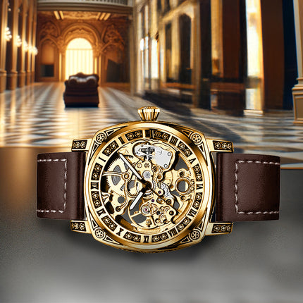 1pc Men's Roman Numeral Mechanical Watch - Automatic Winding Luxury Dress Watch with Golden-Tone