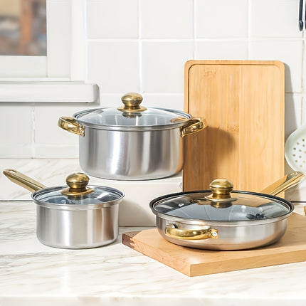 12pcs Stainless Steel Cookware Set, (6 Pots + 6 Lids) Kitchen Cooking Set With Golden Handles,