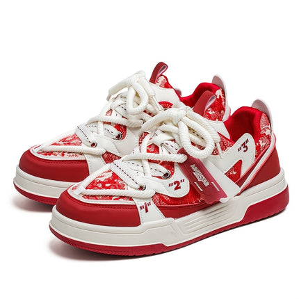 Men's Versatile Street Style Skateboot Shoes - Casual Fashion Sneakers in Red & White with Abstract Pattern,