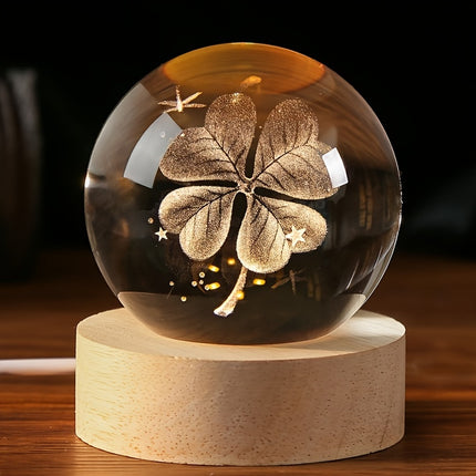 1pc 3D Four-Leaf Clover Crystal Ball with Multicolor Lighting Base,Good Luck Style Night