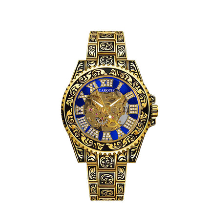 1pc Men'S Black Blue Steel Strip Retro Style Noble Ancient Roman Gear Carving Tourbillon Mechanical Watch