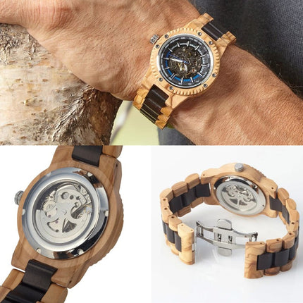 Automatic Skeleton Watch in Olive Wood - Men's Gift