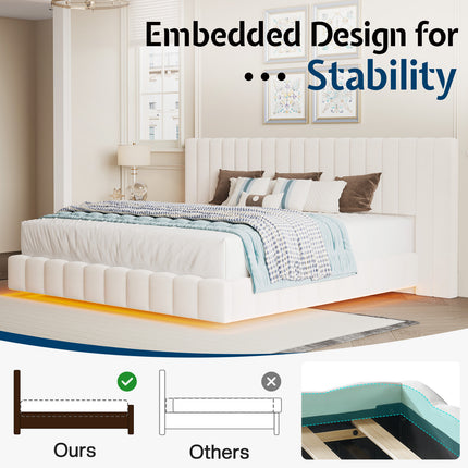 Bed Frame with Wide Headboard, Floating Platform, RGB LED Lights,
