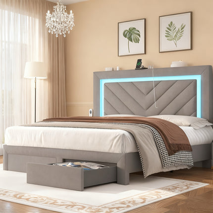 Bed Frame with Upholstery Featuring an Adjustable LED Headboard, Built-In Charging Station