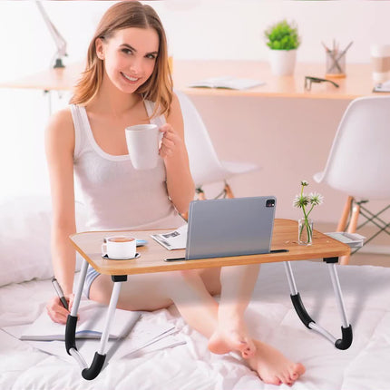 Foldable Laptop Lap Desk with Cup Holder and Drawer - Portable Dining Bed Tray, Suitable for Dining, Writing,