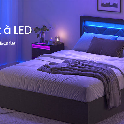 VASAGLE Bedside Table with Adjustable LED Lighting, Side Table with Sockets, Drawer, 2 AC Outlets, 2 USB Ports, Modern