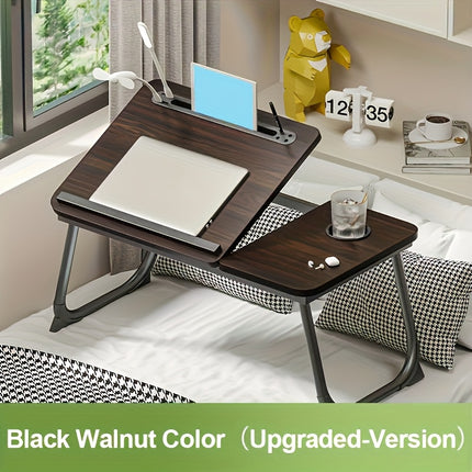 Wooden Laptop Desk] Adjustable Wooden Laptop Desk with Foldable Legs, Cup Holder