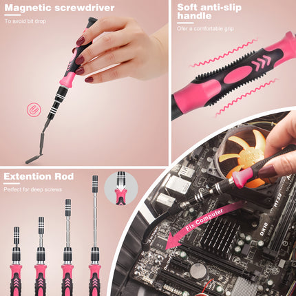 A Pink Electronic Tool Kit Containing 115 Items, Featuring 98 Magnetic Screwdriver Tips