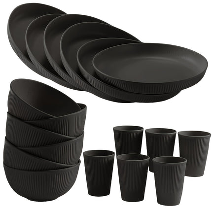 18pcs Durable Holiday-Themed Dinnerware Set, Black Plates, Bowls, and Cups, Dishwasher
