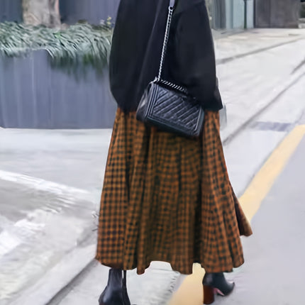 French Vintage A-Line Skirt - High-Waisted Long Maxi Skirt with Checkered (for houndstooth) Skirt,