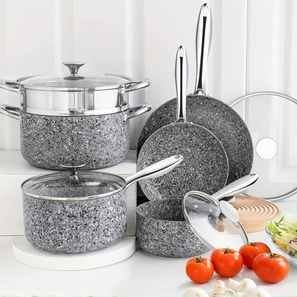 Stone Cookware Set 10 Piece, Ultra Nonstick Pots and Pans Set with Stone-Derived Coating for Kitchen, Granite - 10 Piece