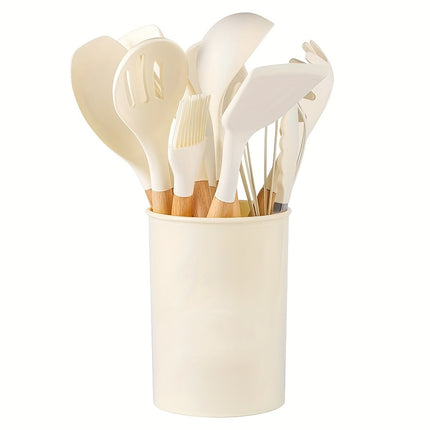12pcs Silicone Kitchen Utensils with Wooden Handles - Elegant, Non-Stick Spatula And Spoon