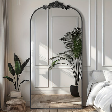 71"x28" Freestanding Arched Mirror with Carved Metal Frame & Bottom - No Assembly Required