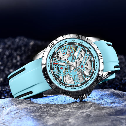 men&women's Automatic Mechanical Watch - Stylish Blue Silicone Strap, Alloy Case,
