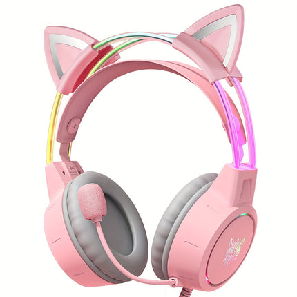 Gaming Headset] Gaming Headset RGB Lighting Head Beam Wired Headset Detachable Cat Ears