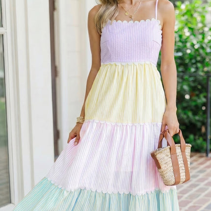 Multicolour Striped Colorblock Adjustable Strap Scalloped Detail Long Dress