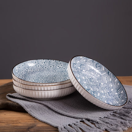 A 6pcs Ceramic Dinner Plate Set Featuring Japanese Floral Designs, Blue And Porcelain Dessert Plates,