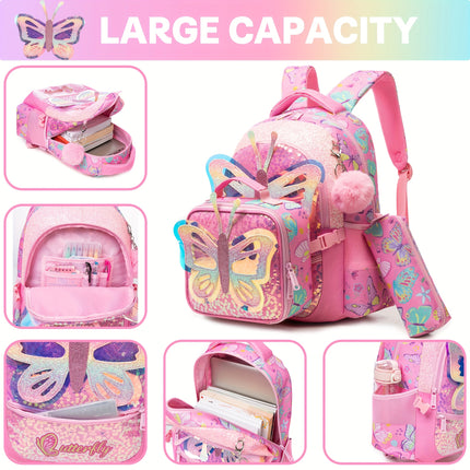 Girls Backpack for Elementary School with handbag and Pencil Case Cute Butterfly/Cat/Mermaid Backpack