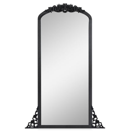 67" Black Solid Wood Crowned Top Freestanding And Leaning Ornate Framed Full Length Mirror