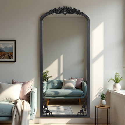 69" Black Solid Wood Crowned Top Freestanding And Leaning Ornate Framed Full Length Mirror