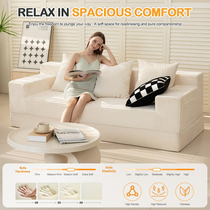 Sofa Bed with 3 Pillows - 78'' Modern Corduroy Folding Bed & Floor Couch, Foam-Padded Sectional Sleeper
