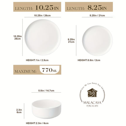 White Porcelain Dinnerware Set with 12pcs, Including Plates And Bowls,