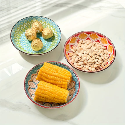 12pcs Bohemian Style Dinnerware Set, Colorful Hand-Painted Underglaze, 5.7-Inch Ceramic Plates,
