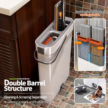 Mop and Bucket Set, Stainless Steel & Plastic, Manual, No Electricity Needed, with Wet and Dry Flat Mops