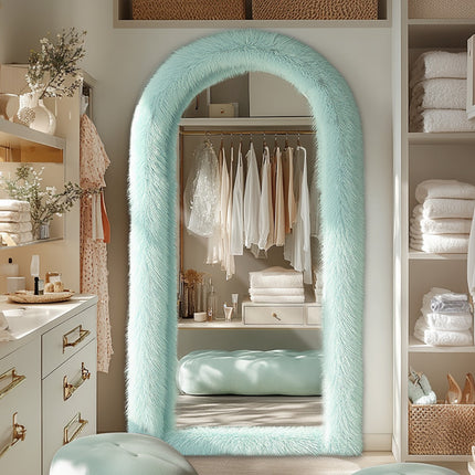 24" x 65" Arched Full-Length Mirror with Chic Blue Faux Fur Frame - Expansive Reflections, Glass Surface,