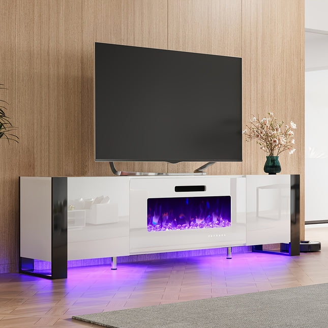Modern High Gloss Fireplace TV Stand with Fireplace, U-Shaped Legs Entertainment Center LED Lights