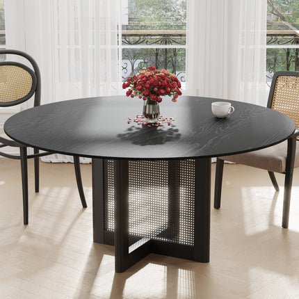 60" Black Solid Wood and Rattan Cross Leg Base Round Top Dining Table